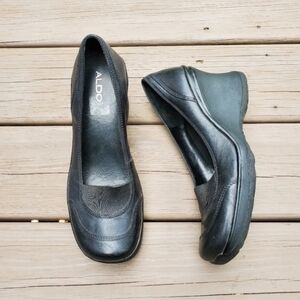 Vintage 90s y2k Bratz Black Leather Chunky Wedge Heel Cap Toe Oxford Loafers 41